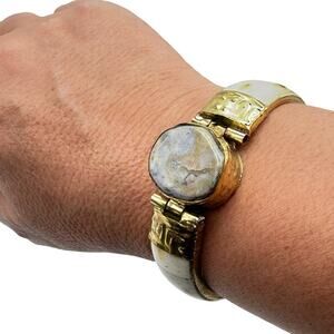 VINTAGE BONE HINGED CUFF BANGLE BRACELET GEMSTONE BRASS ACCENTS - NWOT